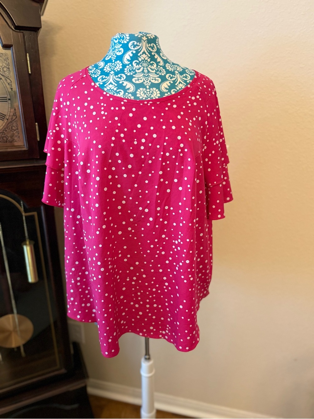 SHEIN Hot Pink White Polka Dot Short Flutter Sleeve Tee